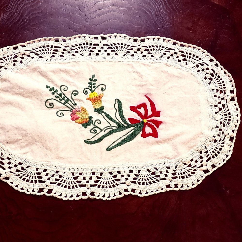 Vintage Red and Yellow Floral Doily - Oval.